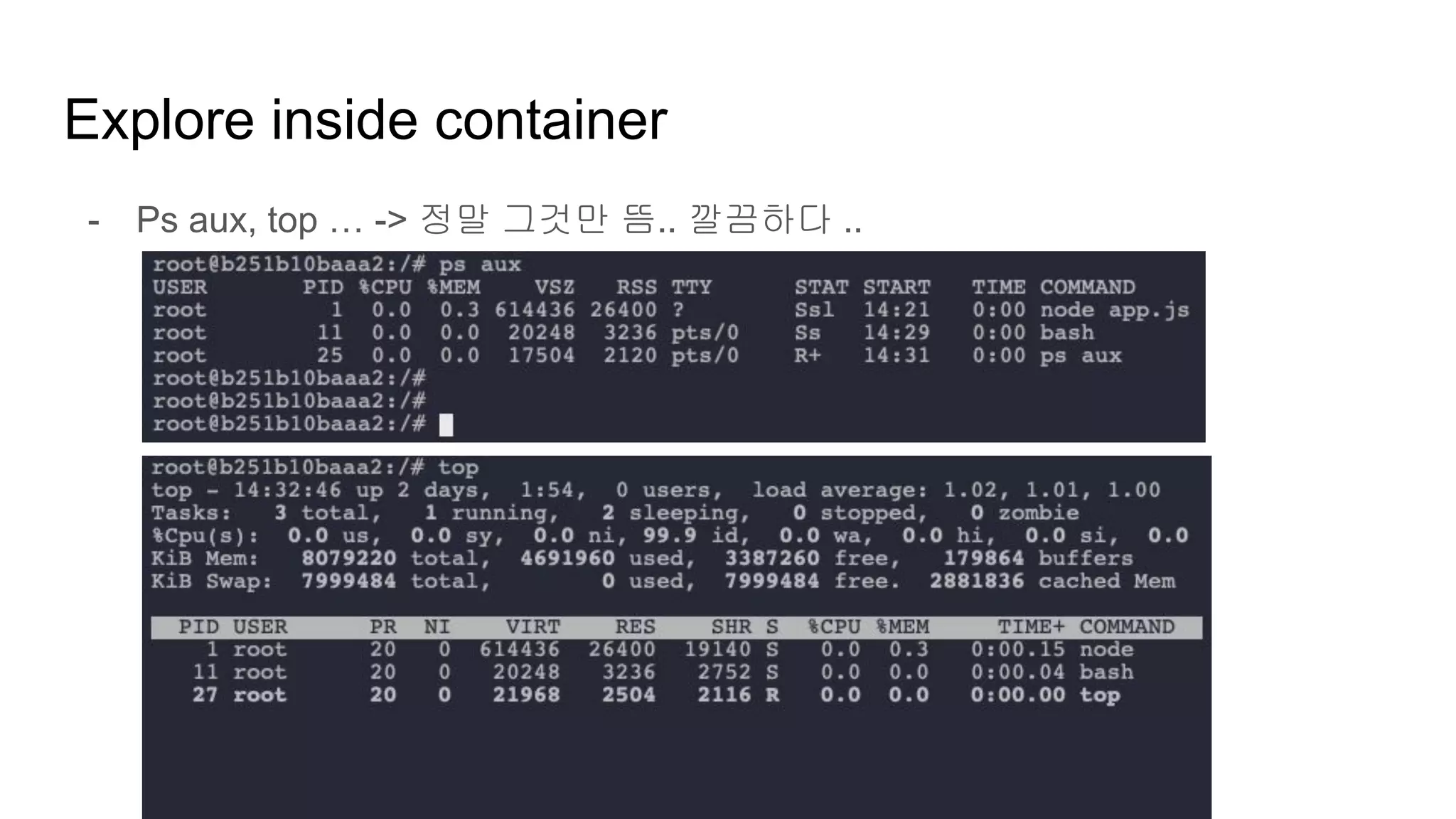 Explore inside container
- Ps aux, top … -> 정말 그것만 뜸.. 깔끔하다 ..
 