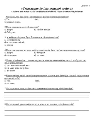 Додаток 2
«Ставлення до інклюзивної освіти»
Анкета для дітей «Моє ставлення до дітей з особливими потребами»
1.Чи знаєш, хто такі діти з обмеженимифізичними можливостями?
а)Так; в)ні;
б) хотіла б знати.
2.Як ти ставишся до дітей-інвалідів?
а) добре; в) мені їх шкода;
б) байдуже;
3. У якій школі краще було б навчатися дітям-інвалідам?
а) у спеціальній;
б) в загальноосвітній;
в) вдома.
4.Як ти поставишся до того, щоб дитина-інвалід була твоїм однокласником, другом?
а) добре; в) байдуже;
б) негативно; г) не знаю.
5.Якщо діти-інваліди навчатимуться в нашому навчальномузакладі, чи будеш ти з
ними спілкуватися?
а) так, адже вони такі, як я;
б) ні, мені це не потрібно;
г) не знаю.
6.Чи потрібно у вашій школі створитицентр, у якомудіти-інваліди могли б спілкуватися
окремо від тебе?
а) так; б) ні;
в) не знаю.
7.Які позитивні рисиособистостіти можеш відзначити у дітей-інвалідів?
____________________________________________________________________________
____________________________________________________________________________
___________________________________________________________________
8.Які негативні рисиособистостіти можеш відзначити у дітей-інвалідів?
____________________________________________________________________________
____________________________________________________________________________
____________________________________________________________________________
________________________________________________________________
 
