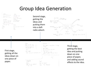 Group Idea Generation
First stage,
getting all the
ideas down on
one piece of
paper.
Second stage,
getting the
ideas and
putting them
into a daft
radio advert.
Third stage,
getting the best
idea and putting
down on one
piece of paper,
and adding sound
effects to the idea.
 