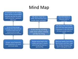 Mind Map
A very boring sounding
radio show where nobody
will like the thing.
Talk about music for a
while, the kind that most
people enjoy nowadays.
Play small sections of
music from Hopsin or
Kendrick Lamar or
something.
Talk about how much they
suck and then keep playing
it because it’s the only kind
of music people want to
hear.
Read out tweets from idiots
like Eminem and then make
fun of them because they
don’t make good music.
Review some food in the
middle and have it clearly
advertising the food as a
sponsorship.
Answer some frequently
asked questions on music
and music taste.
Do one of those strange
challenges that radio shows do
sometimes where they call
someone and try to get
something absurd out of them
To transition to the ending
there will be a sound effect
and just say that the other
radio presenter is going to
take over.
 