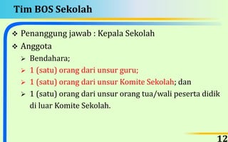 Tim BOS Sekolah
 Penanggung jawab : Kepala Sekolah
 Anggota
 Bendahara;
 1 (satu) orang dari unsur guru;
 1 (satu) orang dari unsur Komite Sekolah; dan
 1 (satu) orang dari unsur orang tua/wali peserta didik
di luar Komite Sekolah.
12
 