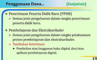 Penggunaan Dana... (lanjutan)
 Penerimaan Peserta Didik Baru (PPDB)
 Semua jenis pengeluaran dalam rangka penerimaan
peserta didik baru.
 Pembelajaran dan Ekstrakurikuler
 Semua jenis pengeluaran dalam rangka pelaksanaan
proses pembelajaran dan ekstrakurikuler.
 Tambahan ketentuan:
 Pembelian atau langganan buku digital, dan/atau
aplikasi pembelajaran digital.
19
 