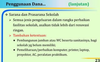 Penggunaan Dana... (lanjutan)
 Sarana dan Prasarana Sekolah
 Semua jenis pengeluaran dalam rangka perbaikan
fasilitas sekolah, asalkan tidak lebih dari renovasi
ringan.
 Tambahan ketentuan:
 Pembangunan jamban atau WC beserta sanitasinya, bagi
sekolah yg belum memiliki;
 Pemeliharaan/perbaikan komputer, printer, laptop,
proyektor, AC, peralatan praktikum.
23
 