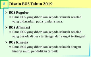 8 Disain BOS Tahun 2019
 BOS Reguler
 Dana BOS yang diberikan kepada seluruh sekolah
yang didasarkan pada jumlah siswa.
 BOS Afirmasi
 Dana BOS yang diberikan kepada seluruh sekolah
yang berada di desa tertinggal dan sangat tertinggal.
 BOS Kinerja
 Dana BOS yang diberikan kepada sekolah dengan
kinerja mutu pendidikan terbaik.
 