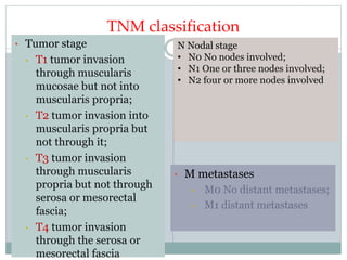 TNM classification
• Tumor stage
• T1 tumor invasion
through muscularis
mucosae but not into
muscularis propria;
• T2 tumor invasion into
muscularis propria but
not through it;
• T3 tumor invasion
through muscularis
propria but not through
serosa or mesorectal
fascia;
• T4 tumor invasion
through the serosa or
mesorectal fascia
• M metastases
• M0 No distant metastases;
• M1 distant metastases
N Nodal stage
• N0 No nodes involved;
• N1 One or three nodes involved;
• N2 four or more nodes involved
 