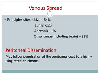 Venous Spread
 Principles sites – Liver -34%,
Lungs -22%
Adrenals 11%
Other areas(including brain) – 33%
Peritoneal Dissemination
May follow penetration of the peritoneal coat by a high –
lying rectal carcinoma
 