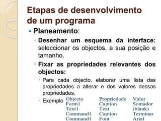 Etapas de desenvolvimento
de um programa
 Planeamento:
◦ Desenhar um esquema da interface:
seleccionar os objectos, a sua posição e
tamanho.
◦ Fixar as propriedades relevantes dos
objectos:
 Para cada objecto, elaborar uma lista das
propriedades a alterar e dos valores dessas
propriedades.
 Exemplo:
 