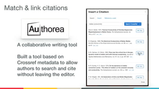 A collaborative writing tool
Built a tool based on
Crossref metadata to allow
authors to search and cite
without leaving the editor.
Match & link citations
 