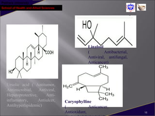 Pokhara University
School of Health and Allied Sciences
Ursolic acid ( Antitumor,
Antimicrobial, Antiviral,
Hepatoprotective, Anti-
inflamatory, Antiulcer,
Antihyperlipidemic)
16
Linalool
( Antibacterial,
Antiviral, antifungal,
Anticancer)
Caryophylline
( Anticancer,
Antioxidant,
 