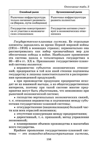 Окончание табл. 3
Стихийный рынок Организованный рынок
Рыночная инфраструктура
только начинает развивать­
ся (биржи, пути сообщения)
Рыночная инфраструктура
развита полностью
Государство самоустраняет­
ся от участия в экономиче­
ских отношениях
Государство активно участ­
вует в экономических отно­
шениях
Государственно-плановая система. Ее отдельные
элементы зародились во время Первой мировой войны
(1914—1918) в воюющих странах; первоначально она
рассматривалась как набор чрезвычайных мер для
обеспечения победы в войне. Наибольшее применение
эта система нашла в тоталитарных государствах в
30—40-е гг. X X в. Признаками государственно-плано­
вой системы являются:
• неравенство субъектов экономических отноше­
ний; предприятия в той или иной степени подчинены
государству и лишены самостоятельности в распоряже­
нии произведенной продукцией;
• при производстве продукции предприятия исхо­
дят не из взаимной выгоды, а из общегосударственных
интересов, поэтому при такой системе многие пред­
приятия могут быть убыточными, что невозможно при
рыночной экономической системе;
• господство вертикальных экономических связей,
т. е. отношения неравенства и подчинения между субъ­
ектами государственно-плановой системы;
• огосударствление (национализация) большей час­
ти или всех отраслей экономики;
• отсутствие конкуренции между предприятиями;
• директивный, т. е. приказной, метод управления
экономикой;
• планирование объемов производства в масштабах
всего государства.
Крайнее проявление государственно-плановой сис­
темы — это командно-административная система,
156
 
