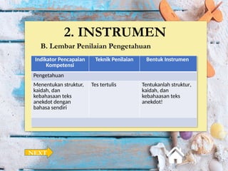 2. INSTRUMEN
B. Lembar Penilaian Pengetahuan
Indikator Pencapaian
Kompetensi
Teknik Penilaian Bentuk Instrumen
Pengetahuan
Menentukan struktur,
kaidah, dan
kebahasaan teks
anekdot dengan
bahasa sendiri
Tes tertulis Tentukanlah struktur,
kaidah, dan
kebahaasan teks
anekdot!
NEXT
 