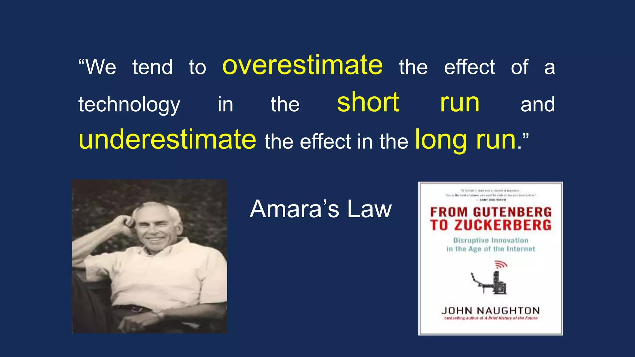 “We tend to overestimate the effect of a
technology in the short run and
underestimate the effect in the long run.”
Amara’s Law
 