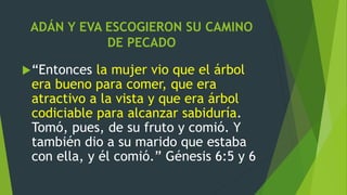 ADÁN Y EVA ESCOGIERON SU CAMINO
DE PECADO
“Entonces la mujer vio que el árbol
era bueno para comer, que era
atractivo a la vista y que era árbol
codiciable para alcanzar sabiduría.
Tomó, pues, de su fruto y comió. Y
también dio a su marido que estaba
con ella, y él comió.” Génesis 6:5 y 6
 
