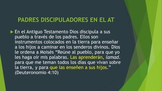 PADRES DISCIPULADORES EN EL AT
 En el Antiguo Testamento Dios discipula a sus
pueblo a través de los padres. Ellos son
instrumentos colocados en la tierra para enseñar
a los hijos a caminar en los senderos divinos. Dios
le ordena a Moisés “Reúne al pueblo, para que yo
les haga oír mis palabras. Las aprenderán, lamad.
para que me teman todos los días que vivan sobre
la tierra, y para que las enseñen a sus hijos.”
(Deuteronomio 4:10)
 