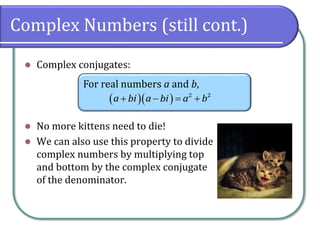Complex Numbers (still cont.)
⚫ Complex conjugates:
⚫ No more kittens need to die!
⚫ We can also use this property to divide
complex numbers by multiplying top
and bottom by the complex conjugate
of the denominator.
For real numbers a and b,
( )( ) 2 2
a bi a bi a b+ − = +
 