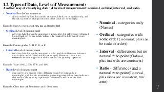 • Nominal level of measurement
 characterized by data that consist of names, labels, or categories only, and
the data cannot be arranged in some order (such as low to high).
Example: Survey responses of yes, no, and undecided
• Ordinal level of measurement
 involves data that can be arranged in some order, but differences (obtained
by subtraction) between data values either cannot be determined or are
meaningless.
Example: Course grades A, B, C, D, or F
• Interval level of measurement
 involves data that can be arranged in order, and the differences between
data values can be found and are meaningful. However, there is no
natural zero starting point at which none of the quantity is present.
Example: Years 1000, 2000, 1776, and 1492
• Ratio level of measurement
 data can be arranged in order, differences can be found and are
meaningful, and there is a natural zero starting point (where zero indicates
that none of the quantity is present). Differences and ratios are both
meaningful.
Example: Class times of 50 minutes and 100 minutes
1.2 Types of Data, Levels of Measurement:
Another way of classifying data: 4 levels of measurement: nominal, ordinal, interval, and ratio.
7
• Nominal - categories only
(Names)
• Ordinal - categories with
some order ( nominal, plus can
be ranked (order))
• Interval - differences but no
natural zero point (Ordinal,
plus intervals are consistent)
• Ratio - differences and a
natural zero point(Iinterval,
plus ratios are consistent, true
zero)
 