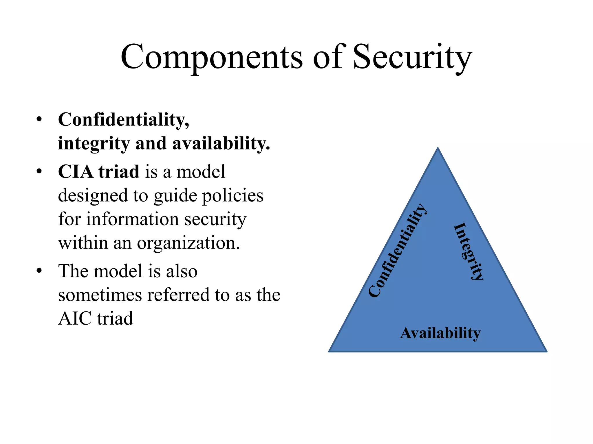 Components of Security
• Confidentiality,
integrity and availability.
• CIA triad is a model
designed to guide policies
for information security
within an organization.
• The model is also
sometimes referred to as the
AIC triad
Availability
 
