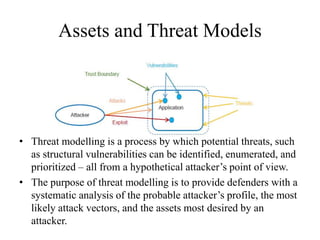 Assets and Threat Models
• Threat modelling is a process by which potential threats, such
as structural vulnerabilities can be identified, enumerated, and
prioritized – all from a hypothetical attacker’s point of view.
• The purpose of threat modelling is to provide defenders with a
systematic analysis of the probable attacker’s profile, the most
likely attack vectors, and the assets most desired by an
attacker.
 