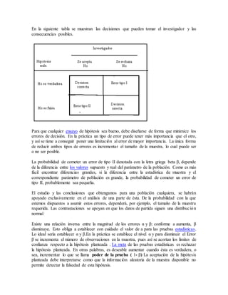 En la siguiente tabla se muestran las decisiones que pueden tomar el investigador y las
consecuencias posibles.
Para que cualquier ensayo de hipótesis sea bueno, debe diseñarse de forma que minimice los
errores de decisión. En la práctica un tipo de error puede tener más importancia que el otro,
y así se tiene a conseguir poner una limitación al error de mayor importancia. La única forma
de reducir ambos tipos de errores es incrementar el tamaño de la muestra, lo cual puede ser
o no ser posible.
La probabilidad de cometer un error de tipo II denotada con la letra griega beta β, depende
de la diferencia entre los valores supuesto y real del parámetro de la población. Como es más
fácil encontrar diferencias grandes, si la diferencia entre la estadística de muestra y el
correspondiente parámetro de población es grande, la probabilidad de cometer un error de
tipo II, probablemente sea pequeña.
El estudio y las conclusiones que obtengamos para una población cualquiera, se habrán
apoyado exclusivamente en el análisis de una parte de ésta. De la probabilidad con la que
estemos dispuestos a asumir estos errores, dependerá, por ejemplo, el tamaño de la muestra
requerida. Las contrastaciones se apoyan en que los datos de partida siguen una distribución
normal
Existe una relación inversa entre la magnitud de los errores α y β: conforme a aumenta, β
disminuye. Esto obliga a establecer con cuidado el valor de a para las pruebas estadísticas.
Lo ideal sería establecer α y β.En la práctica se establece el nivel α y para disminuir el Error
β se incrementa el número de observaciones en la muestra, pues así se acortan los limites de
confianza respecto a la hipótesis planteada . La meta de las pruebas estadísticas es rechazar
la hipótesis planteada. En otras palabras, es deseable aumentar cuando ésta es verdadera, o
sea, incrementar lo que se llama poder de la prueba ( 1- β) La aceptación de la hipótesis
planteada debe interpretarse como que la información aleatoria de la muestra disponible no
permite detectar la falsedad de esta hipótesis.
 