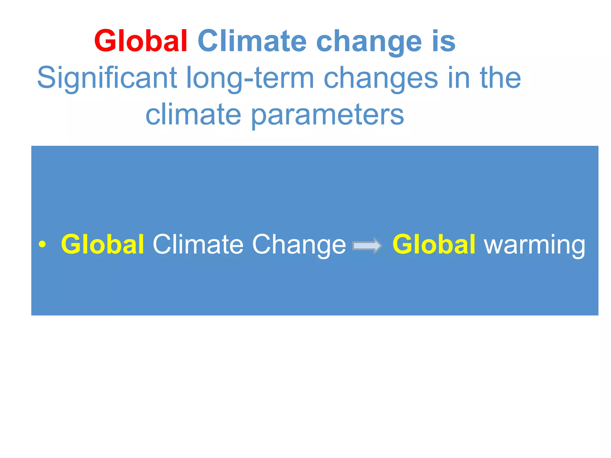 Global Climate change is
Significant long-term changes in the
climate parameters
• Global Climate Change Global warming
 