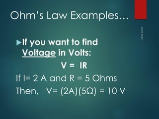 Ohm’s Law Examples…
If you want to find
Voltage in Volts:
V = IR
If I= 2 A and R = 5 Ohms
Then, V= (2A)(5Ω) = 10 V
 