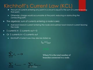 Kirchhoff’s Current Law (KCL)
 The sum of currents entering any point in a circuit is equal to the sum of currents leaving
that point.
 Otherwise, charge would accumulate at the point, reducing or obstructing the
conducting path.
 The algebraic sum of currents entering a node is zero
 Add each branch current entering the node and subtract each branch current leaving
the node
 Σ currents in - Σ currents out = 0
 Or Σ currents in = Σ currents out
 Kirchhoff’s Current Law may also be stated as
IIN = IOUT
AND





nodenode
1
0
leaveenter
N
n
n
ii
i Where N is the total number of
branches connected to a node.
 