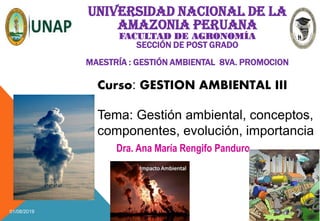 01/08/2019
1
UNIVERSIDAD NACIONAL DE LA
AMAZONIA PERUANA
FACULTAD DE AGRONOMÍA
SECCIÓN DE POST GRADO
MAESTRÍA : GESTIÓN AMBIENTAL 8VA. PROMOCION
Dra. Ana María Rengifo Panduro
Curso: GESTION AMBIENTAL III
Tema: Gestión ambiental, conceptos,
componentes, evolución, importancia
 