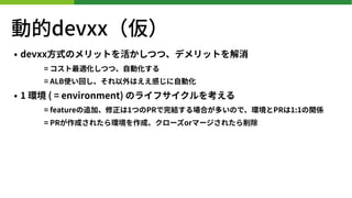 ӵdevxx
? devxx?ʽΥåȤĤġǥåȤ
= mĤġ?ӻ
= ALBʹؤϤФ?ӻ
? 1 h ( = environment) Υ饤ե򿼤
= feature׷ӡ1ĤPRYϤतΤǡhPR1:1vS
= PRɤ줿hɡ`orީ`줿
 