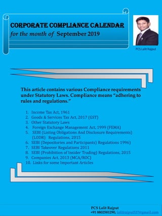 Corporate Compliance Calendar for the month of September 2019 | PDF
