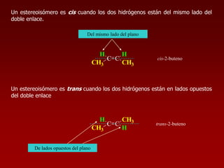 Un estereoisómero es cis cuando los dos hidrógenos están del mismo lado del
doble enlace.
Un estereoisómero es trans cuando los dos hidrógenos están en lados opuestos
del doble enlace
C C
H
CH3
H
CH3
Del mismo lado del plano
C C
H
CH3
CH3
H
De lados opuestos del plano
cis-2-buteno
trans-2-buteno
 