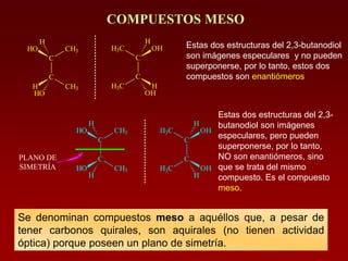 C
C
HO CH3
CH3HO
H
H
C
C
OHH3C
H3C OH
H
H
COMPUESTOS MESO
Estas dos estructuras del 2,3-butanodiol
son imágenes especulares y no pueden
superponerse, por lo tanto, estos dos
compuestos son enantiómeros
PLANO DE
SIMETRÍA
Estas dos estructuras del 2,3-
butanodiol son imágenes
especulares, pero pueden
superponerse, por lo tanto,
NO son enantiómeros, sino
que se trata del mismo
compuesto. Es el compuesto
meso.
C
C
HO CH3
CH3H
H
HO
C
C
OHH3C
H3C H
H
OH
Se denominan compuestos meso a aquéllos que, a pesar de
tener carbonos quirales, son aquirales (no tienen actividad
óptica) porque poseen un plano de simetría.
 