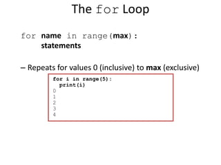 The for Loop
for name in range(max):
statements
– Repeats for values 0 (inclusive) to max (exclusive)
for i in range(5):
print(i)
0
1
2
3
4
 