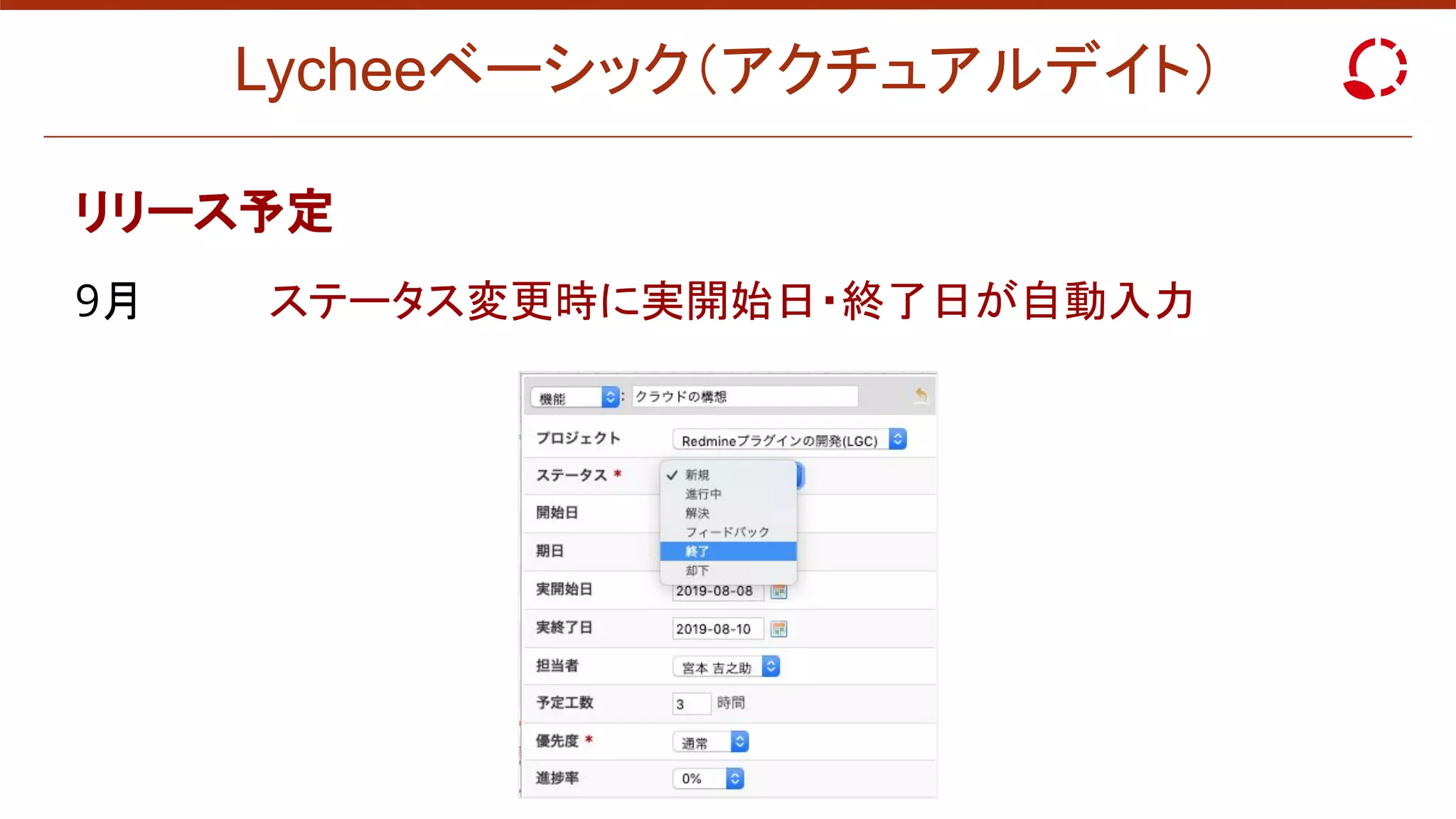 Lycheeベーシック（アクチュアルデイト）
リリース予定
9月 ステータス変更時に実開始日・終了日が自動入力
 