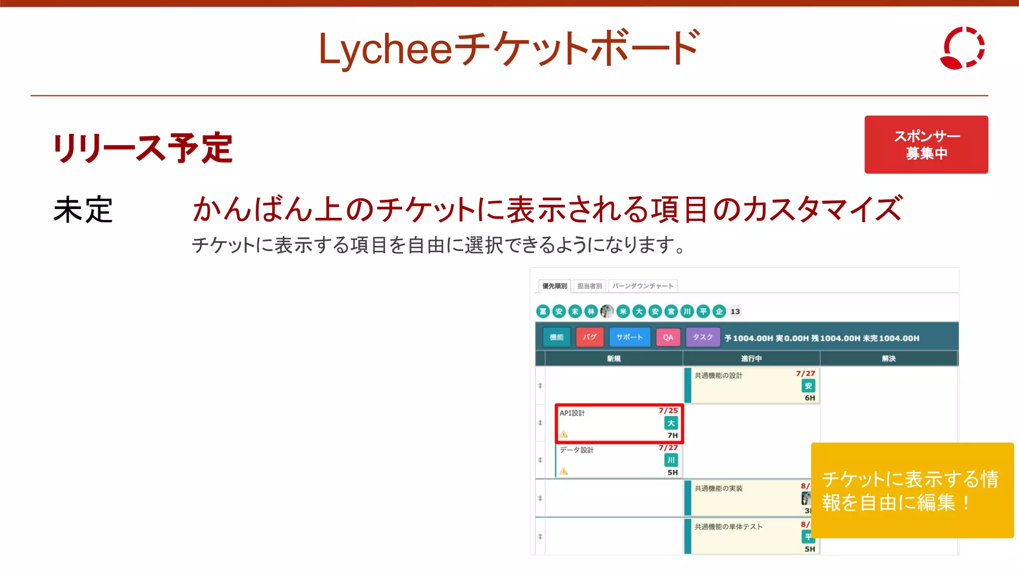 Lycheeチケットボード
リリース予定
未定 かんばん上のチケットに表示される項目のカスタマイズ
チケットに表示する項目を自由に選択できるようになります。
チケットに表示する情
報を自由に編集！
スポンサー
募集中
 