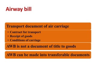Airway bill
Transport document of air carriage
• Contract for transport
• Receipt of goods
• Conditions of carriage
AWB is not a document of title to goods
AWB can be made into transferable documents
 
