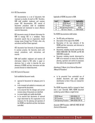 K u l l i y y a h o f S c i e n c e H e a l t h , S a f e t y a n d E n v i r o n m e n t a l C o m m i t t e e Page 09
4.4.4 HSE Documentation
HSE documentation is a set of documents that
represent as burden of proof on HSE. Therefore,
IIUM shall establish, implement and maintain
proper HSE documentation. HSE control of
documents procedure shall be established,
implemented and maintained to ensure effective
control of documents.
HSE documents consist of relevant information for
IIUM to manage HSE in a workplace. These
documents specify how an organization should
manage issues through Four W (what, when, why
and where) and One H (how) approach.
HSE documents have hierarchy of documentation.
In common practice, the hierarchy starts with
manual, procedures, work instructions and
records
IIUM shall establish, implement and maintain all
information related to HSE either in paper or
electronic form in order to describe the core
elements of HSEMS and their interaction and also
provide direction to related document.
Applicable of HSEMS document in IIUM;
Level Document Applicability
I HSEMS Manual IIUM & KCDIO
II HSE Procedure IIUM & KCDIO
III Safe Operating Procedure KCDIO
IV HSE Form / Record IIUM & KCDIO
The HSEMS documentation shall include;
 The HSE policy and objectives
 Description of the scope of the HSEMS
 Description of the main elements of the
HSEMS and their interaction, and reference to
related documents
 Documents, including records required by the
OHSAS 18001:2007, MS 1722:2011 and MS ISO
14001:2004 standards
 Document, including records, determined by
IIUM to be necessary to ensure the effective
planning, operation and control of processes
that relate to the management of its HSE
Attachment C: Master List of Internal Document
(Manual & Procedure)
4.4.5 HSE Control of Document
Each established document needs;
 approval of documents for adequacy prior to
use.
 to be reviewed and updated as necessary and
reapproved the documents.
 to be ensured that the changes and current
revision status of documents are identified.
 to remain legible and readily identifiable.
 to be ensured that documents of external
origin determined by the organization to be
necessary for the planning and operation of
the HSEMS are identified and their distribution
controlled.
 to be prevented from unintended use of
obsolete documents and apply suitable
identification to them if they are retained for
any purpose
The HSEMS documents shall be reviewed at least
once a year. Generally, IIUM’s HSEMS document
numbering system follows a single format;
HSEMS Manual IIUM-MANUAL-XX
HSE Procedure IIUM-HSE-PROC-XX
Safe Operating Procedure IIUM-(KCDIO)-SOP-XX
Associate IIUM Procedure: IIUM-HSE-PROC-06 HSE
Control of Documents
 