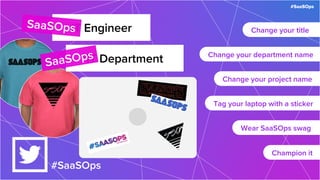 #SaaSOps
IT EngineerSaaSOps
IT DepartmentSaaSOps Change your department name
Change your project name
Tag your laptop with a sticker
Wear SaaSOps swag
Champion it
Change your title
#SaaSOps
 