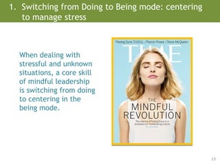 1. Switching from Doing to Being mode: centering
to manage stress
15
When dealing with
stressful and unknown
situations, a core skill
of mindful leadership
is switching from doing
to centering in the
being mode.
 