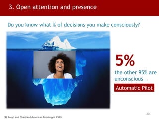 3. Open attention and presence
Do you know what % of decisions you make consciously?
5%
the other 95% are
unconscious (1)
(1) Bargh and Chartrand-American Psicologyst 1999
Automatic Pilot
30
 