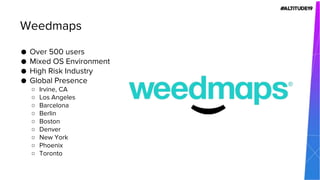 ● Over 500 users
● Mixed OS Environment
● High Risk Industry
● Global Presence
○ Irvine, CA
○ Los Angeles
○ Barcelona
○ Berlin
○ Boston
○ Denver
○ New York
○ Phoenix
○ Toronto
Weedmaps
 