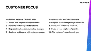 1 - Solve for a specific customer need.
2 - Always look for product improvements.
3 - Make the customer part of the brand.
4 - Be proactive when communicating changes.
5 - Go above and beyond with customer service.
CUSTOMER FOCUS
6 - Build up trust with your customers.
7 - Respond to the changes in your industry.
8 - Crave your customers' feedback.
9 - Invest in your employees' growth.
10 - The customer's experience is key.
 