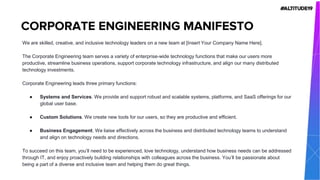We are skilled, creative, and inclusive technology leaders on a new team at [Insert Your Company Name Here].
The Corporate Engineering team serves a variety of enterprise-wide technology functions that make our users more
productive, streamline business operations, support corporate technology infrastructure, and align our many distributed
technology investments.
Corporate Engineering leads three primary functions:
● Systems and Services. We provide and support robust and scalable systems, platforms, and SaaS offerings for our
global user base.
● Custom Solutions. We create new tools for our users, so they are productive and efficient.
● Business Engagement. We liaise effectively across the business and distributed technology teams to understand
and align on technology needs and directions.
To succeed on this team, you’ll need to be experienced, love technology, understand how business needs can be addressed
through IT, and enjoy proactively building relationships with colleagues across the business. You’ll be passionate about
being a part of a diverse and inclusive team and helping them do great things.
CORPORATE ENGINEERING MANIFESTO
 