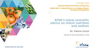 EFSA‘s latest scientific
advice on infant nutrition
and sodium
Dr. Valeriu Curtui
Head of the Nutrition Unit
17 October 2019
13th European Nutrition conference
FENS 2019 | Malnutrition in an Obese World:
European Perspective
 