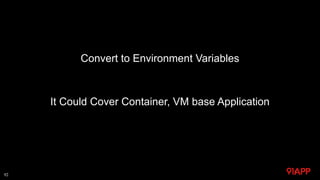 Convert to Environment Variables
It Could Cover Container, VM base Application
92
 