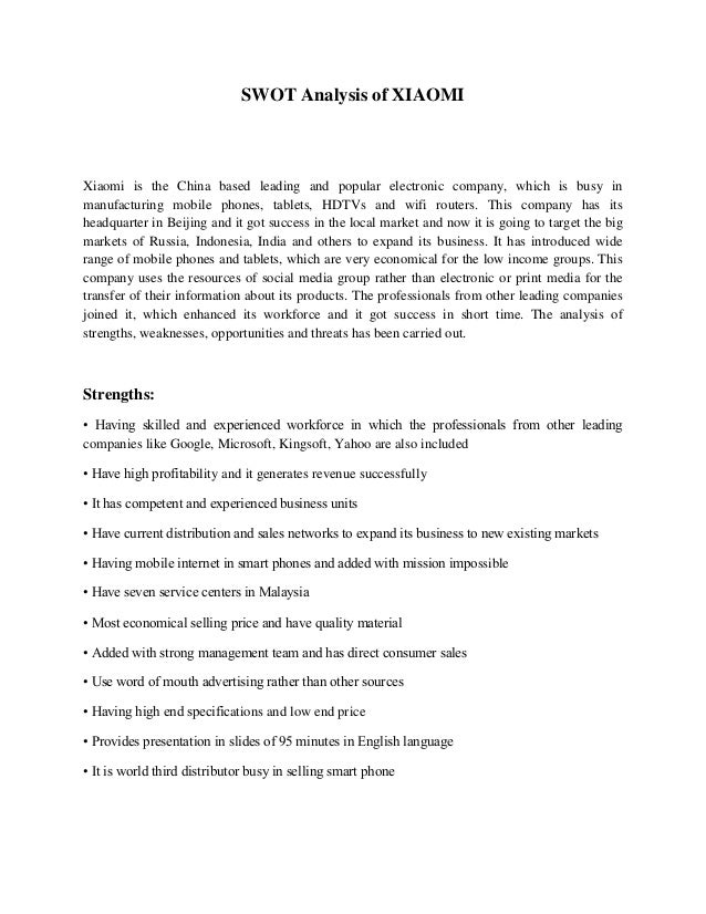 Swot Analysis Of Xiaomi