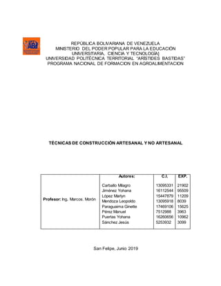 REPÚBLICA BOLIVARIANA DE VENEZUELA
MINISTERIO DEL PODER POPULAR PARA LA EDUCACIÓN
UNIVERSITARIA, CIENCIA Y TECNOLOGÍA]
UNIVERSIDAD POLITÉCNICA TERRITORIAL “ARÍSTIDES BASTIDAS”
PROGRAMA NACIONAL DE FORMACION EN AGROALIMENTACION
TÉCNICAS DE CONSTRUCCIÓN ARTESANAL Y NO ARTESANAL
Profesor:Ing. Marcos. Morón
Autores:
Carballo Milagro
Jiménez Yohana
López Marlyn
Mendoza Leopoldo
Paraguaima Ginette
Pérez Manuel
Puertas Yohana
Sánchez Jesús
C.I.
13095331
16112544
15447879
13095918
17469106
7512988
16260656
5253932
EXP.
21902
95509
11209
8039
15625
3963
10962
3099
San Felipe, Junio 2019
 
