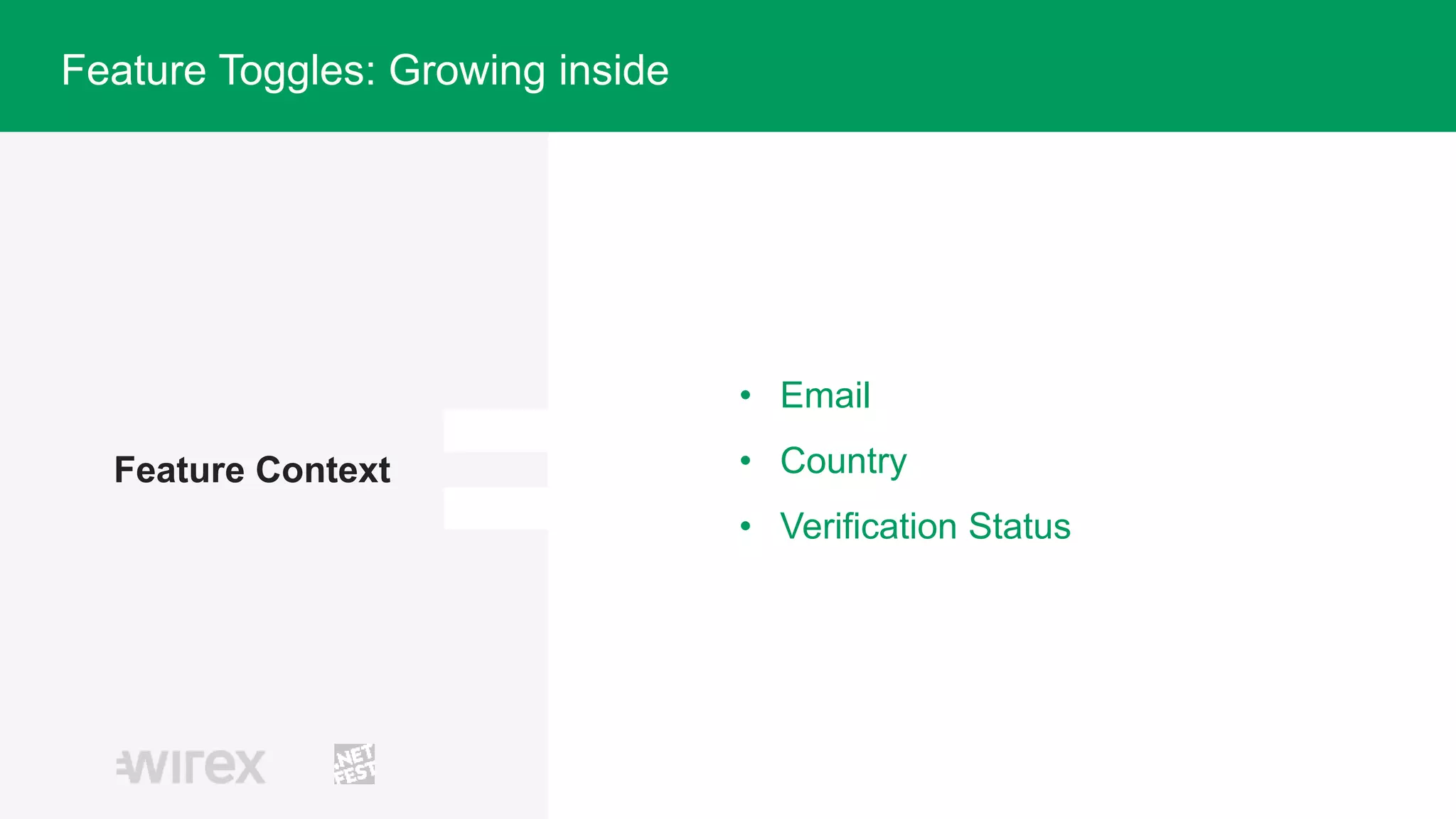 Feature Context
• Email
• Country
• Verification Status
Feature Toggles: Growing inside
 