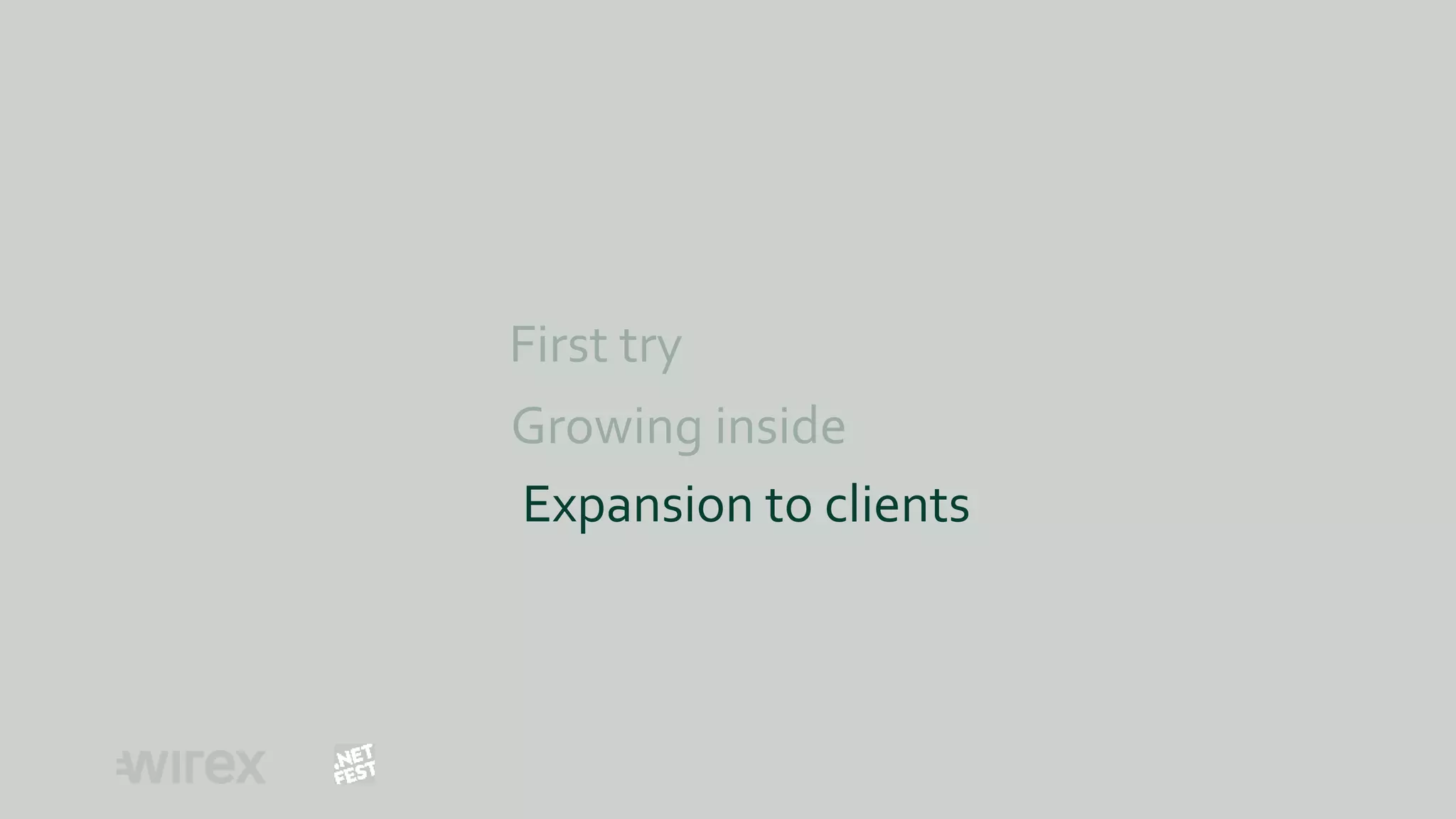 First try
Expansion to clients
Growing inside
 
