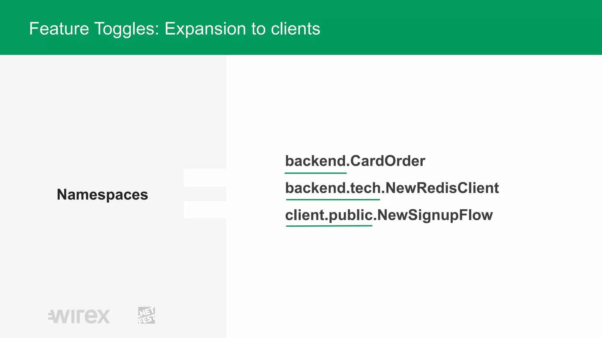 Namespaces
backend.CardOrder
backend.tech.NewRedisClient
client.public.NewSignupFlow
Feature Toggles: Expansion to clients
 