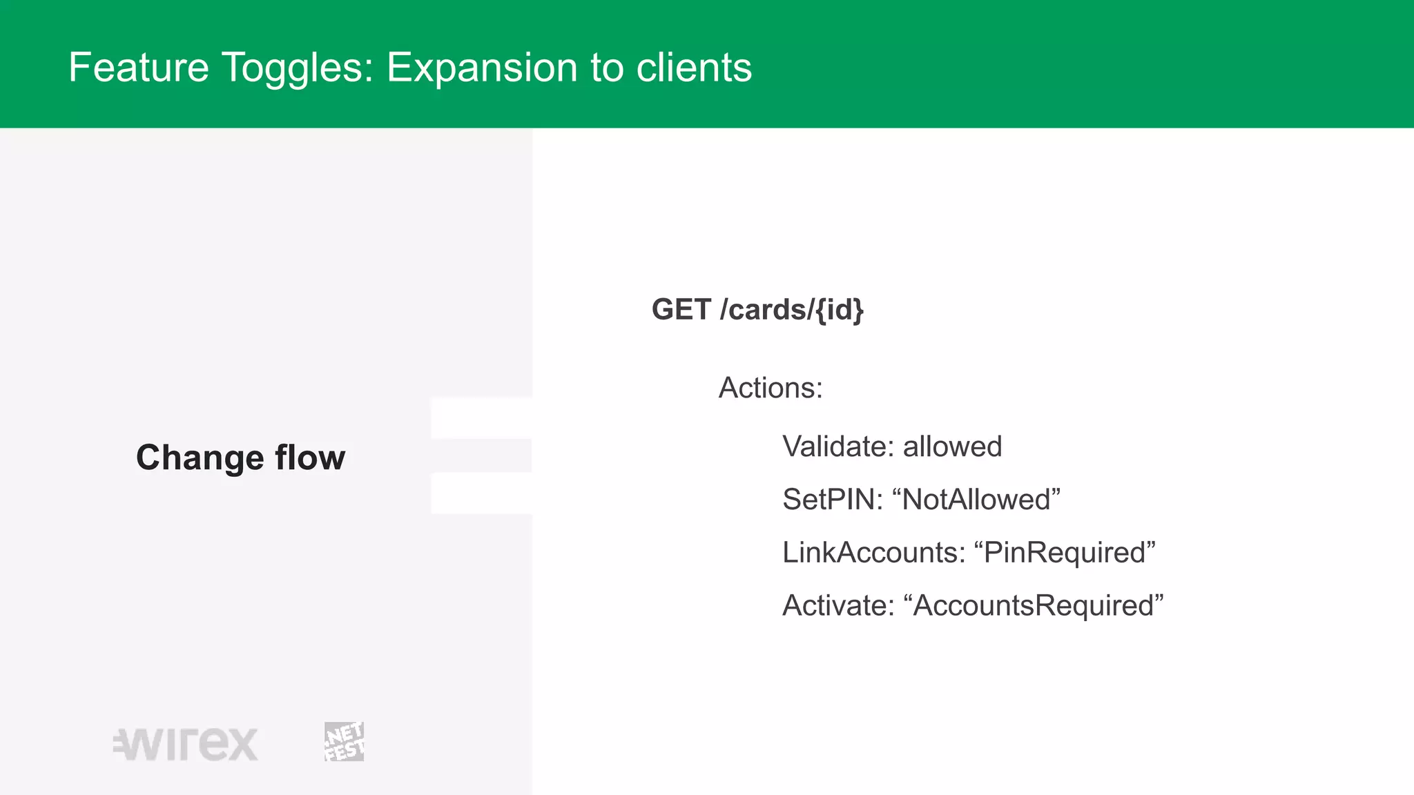Change flow
GET /cards/{id}
Actions:
Validate: allowed
SetPIN: “NotAllowed”
LinkAccounts: “PinRequired”
Activate: “AccountsRequired”
Feature Toggles: Expansion to clients
 